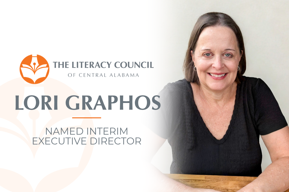 Portrait of Lori Graphos smiling in a black top beside The Literacy Council of Central Alabama logo and the text "Lori Graphos, Named Interim Executive Director"